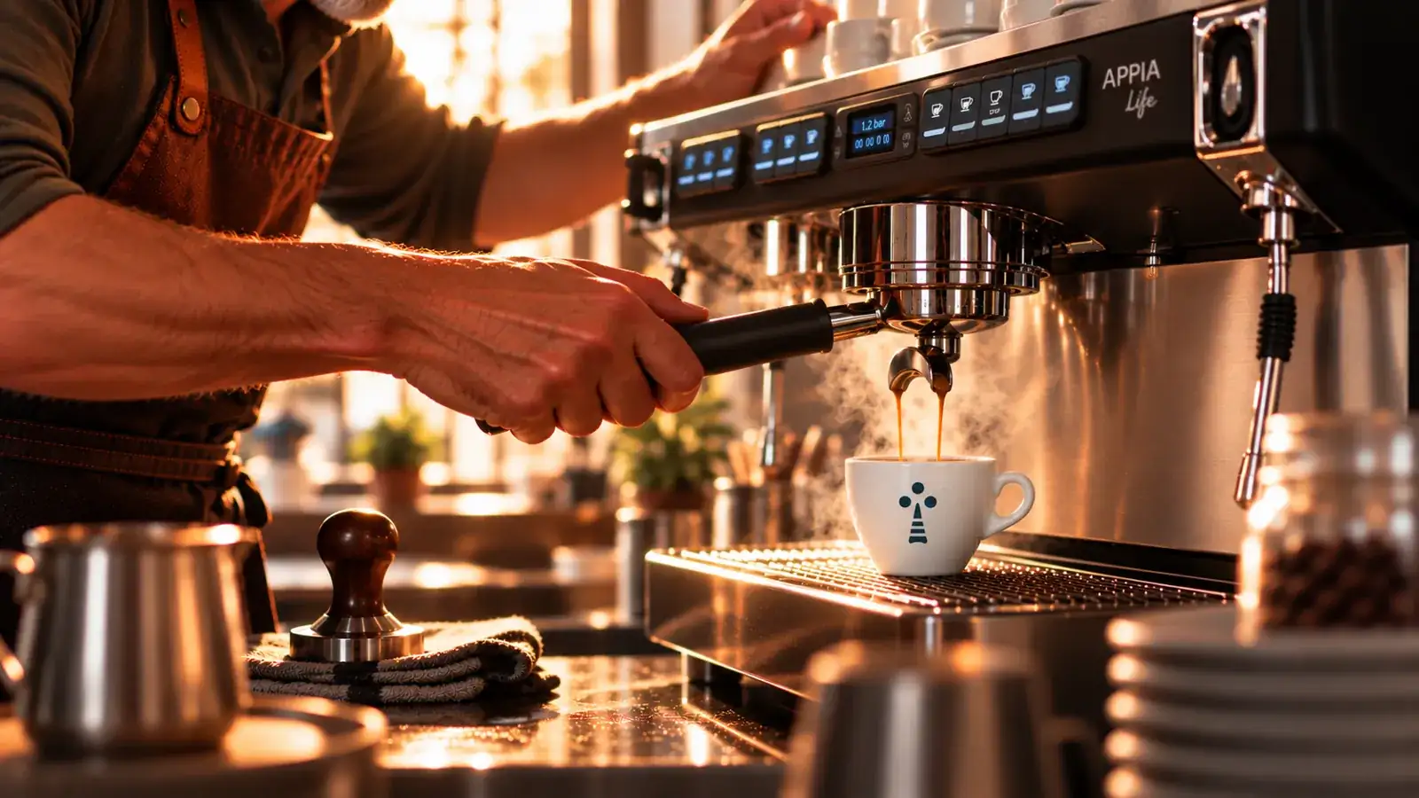 Barista préparant un espresso sur une machine professionnelle